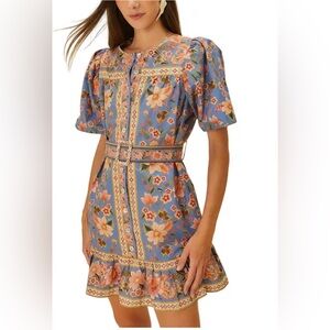 FARM Rio Blue Floral Button-Front Belted Midi Dress